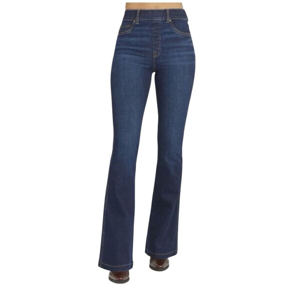 NWT SPANX Midnight Shade Whiskering High Rise Pull On Flare Jeans Medium